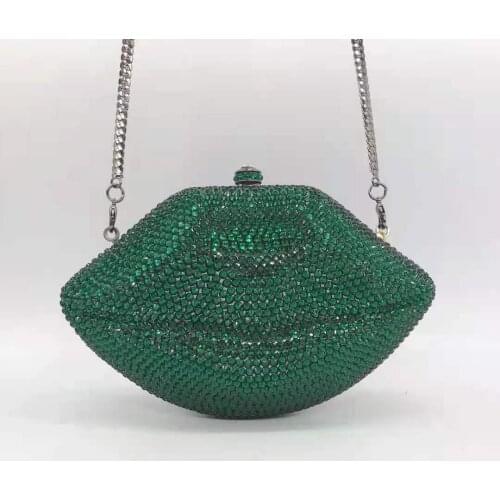 Green Lips Womens Rhinestone Elegant Dinner Party Evening Bags Female Crystal Prom Cocktail Handbag Ladies Diamond Clutch Purse