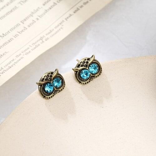 2020 New Vintage Creative Owl Shape Earrings for Women Retro Personality Blue Crystal Stud Earrings Female Jewelry Accessories