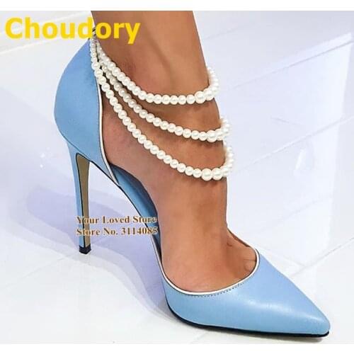 Choudory Women Luxury Pearls Wedding Shoes Line Beads Draped Embellished Dress Pumps Slip-on Pointed Toe Stiletto Heels Shoes