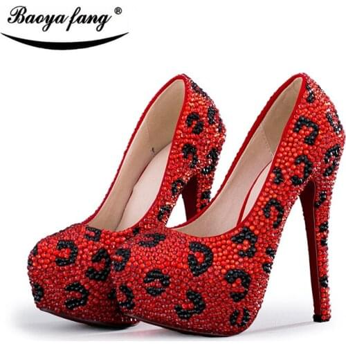 Red Crystal Womens Wedding shoes bride High heels Pumps fashion Platform shoes woman party dress shoes Leopard Ladies Pumps