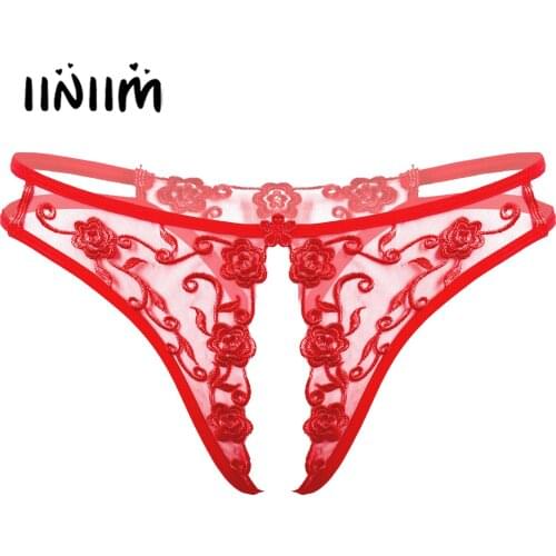 Womens Femme Flower Embroidery Crotchless Sissy Lingerie Panties Exotic Underwear Underpants Low Waist See-through T-back Briefs