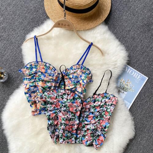 SINGREINY Sweet Floral Strap Tops Women Sexy Sleeveless V Neck Elastic Ruched Slim Y2K Tops Summer Korean Boho Short Camisole