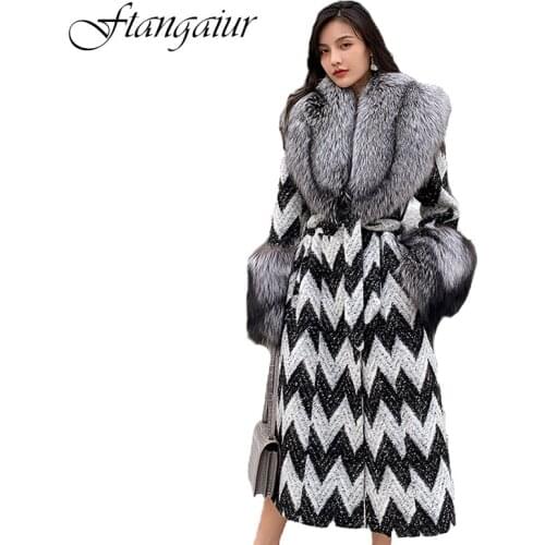 Ftangaiur 2020 Winter Import Sliver Fox Coat Woolen Plaid Sashes Coats X-Long Turn-Down Collar Losse Natural Woolen Fur Coats