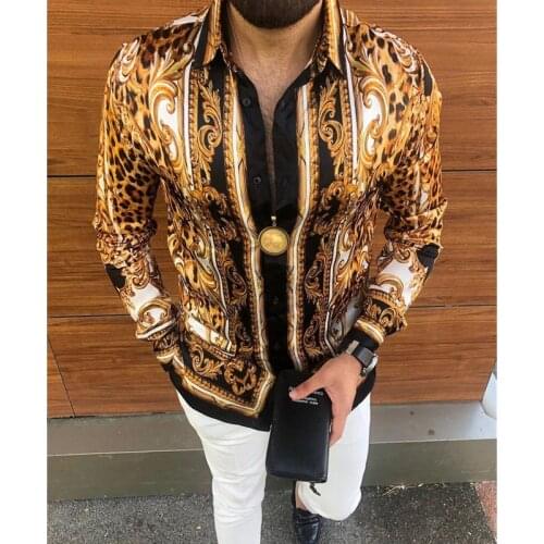 2021 Hot Sale Mens Casual Leopard-Print Palace-Style Long-Sleeved Shirt Men