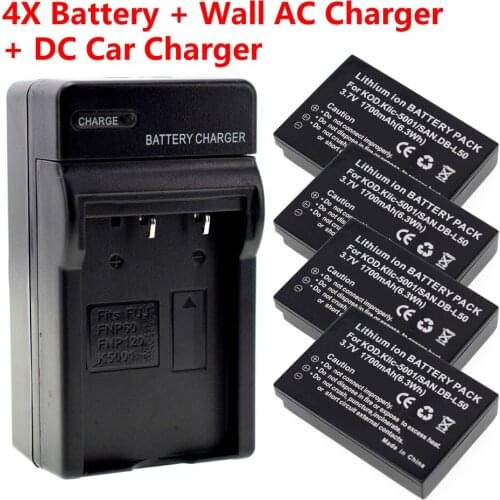 4x 1700mAh KLIC-5001 DB-L50 Battery + Charger Kits for Fuji NP-60 Compatible Kodak P850 Z760 DX7590 DX7630 Zoom
