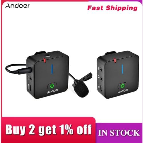 Andoer MX5 2.4G Wireless Recording Microphone System Transmitter Receiver Clip-on Lavalier Mic for Smartphone Camera Interview