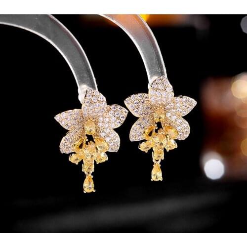 Bilincolor Fashion Cubic Zirconia Yellow Flower Drop Earring for Women