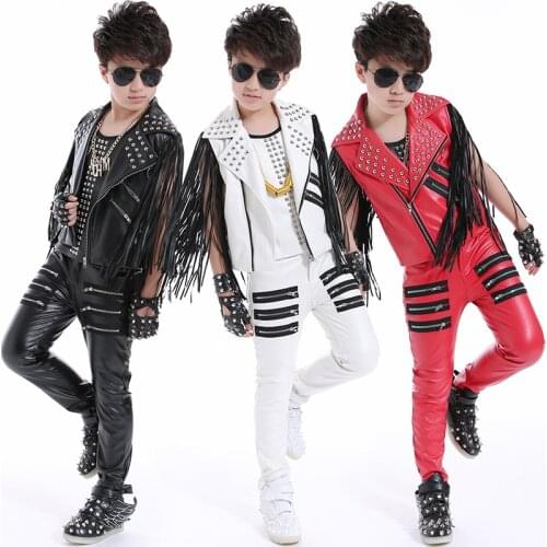 Kids Hip Hop Clothing Fringe Jacket Leather Pants Jazz Drum Performance Costume White/Black/Red Stage Clothes Rave Wear DNV14089