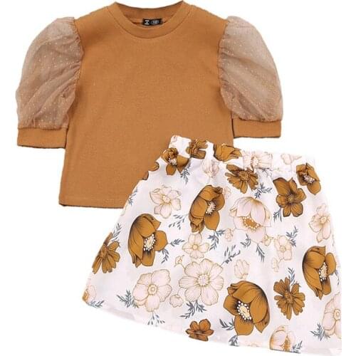 Kids Girls Floral Printed Skirts Puff Sleeve Tops 2Pcs Clothing Sets 2021 New Summer Baby Girls Solid Mesh Tops Floral Skirt Set