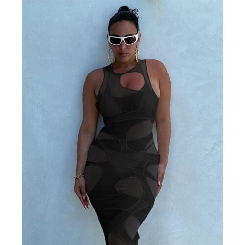 Echoine Women Long Dress Solid Mesh Hollow Out Sleeveless Sheath Elastic Ankle Length Dresses High Street Sexy Fashion Dress