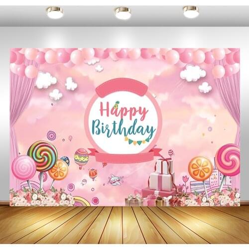 Candy Theme Birthday Backdrop Pink Balloon Girl Birthday Party Photography Background Dessert Table Decorations Props Backdros