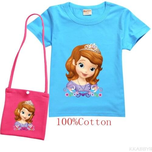 Sofia Summer New Childrens Cotton T-shirt +Bag Printing Girls Casual Fashion