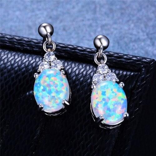 Cute Female Big Oval Stud Earrings Vintage silver color Earrings For Women Boho White Blue Fire Opal Earrings