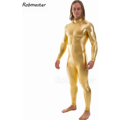 Men Latex Suit Gold Silver Black Shiny Metallic Tights Headless Zentai Suit Long Sleeve Front Zip Unitard Custom Skin Bodysuit