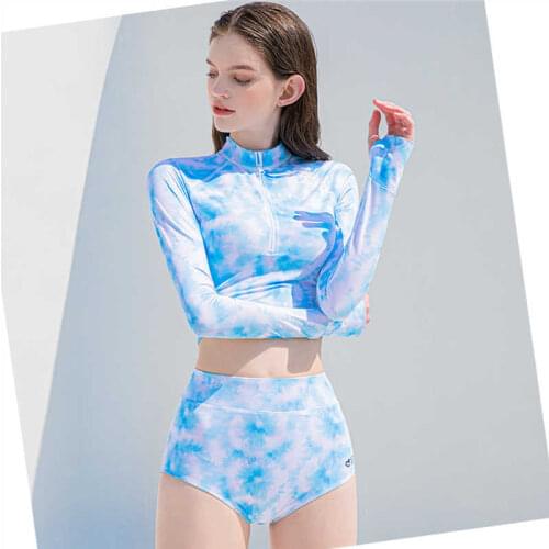 2021 New Long-Sleeved Sexy Gradient Color Zipper Split Letter Printed Korean Version High Waist Tight-Fitting Simple Swimsuit