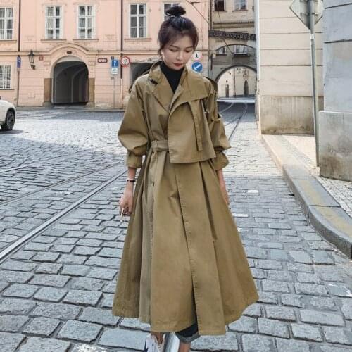 Spring Autumn 2021 New Womens Color Matching Mid-Length Windbreaker Long Overcoat British High-End Casual Trench Coat