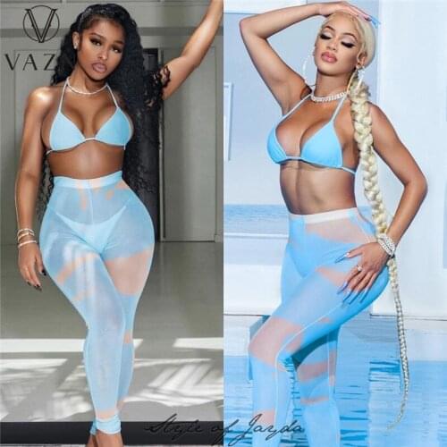 VAZN 2021 New Arrival Style Beach Set 2 Piece Underwears Bikini Top Long Pants Group Long Pencil Pants Women 3 Piece Set