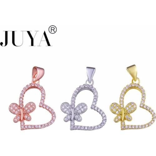 Gold Rose Gold Color Copper Zircon Butterfly Heart Charm For Women Necklaces Pendants Accessories Jewelry Findings