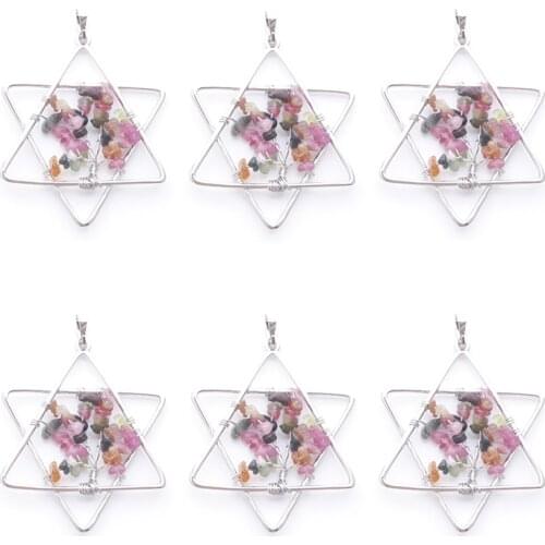 Wholesale 6Pcs Natural Tourmaline Stone Tree Of Life Handmade Wire Color Wire Wrapped Star Pendants For Jewelry Marking QN3806