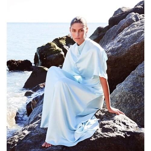 Babyblue Satin Drape Cape Maxi Dress Glossy Silk Bias Cut Structured A-Line Mock Neck Twilled Kimono Occasion Party Formal Gown