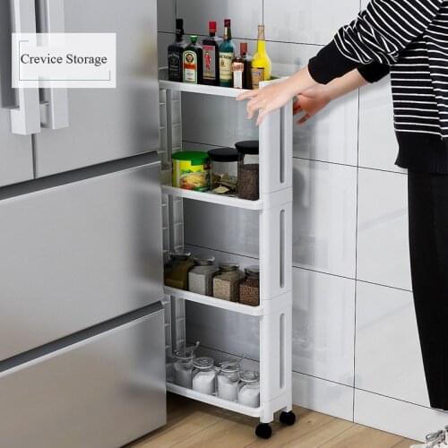 Kitchen Shelf Floor-Type 2/3/4 Layer Bathroom Storage Rack Trolley Refrigerator Side Slot Racks Household Movable Gap Organizer