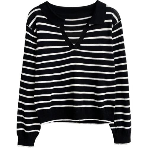 Early autumn ins tide polo collar striped knitted long-sleeved shirt Korean loose wild V-neck T-shirt