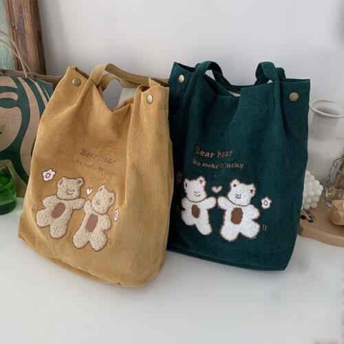 Corduroy Tote Bag Shopper Bag Women Designer Handbags 2021 Girl Fashion Casual Cute Cartoon Embroidery Little Bear Shoulder Bags