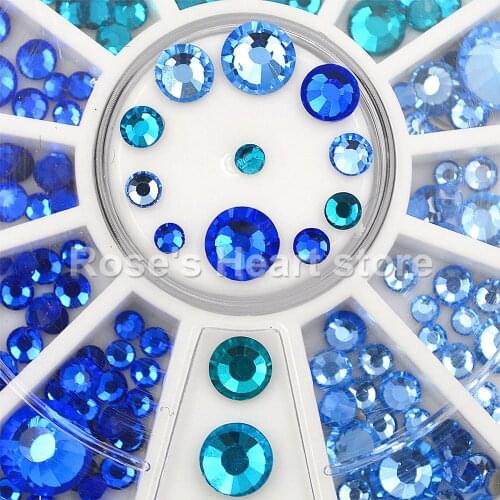 Mixed sizes blue Crystal Nail Rhinestones Flat Bottom Round 3D Decor Wheel Manicure glitter Nail Art Decorations 2mm-6mm