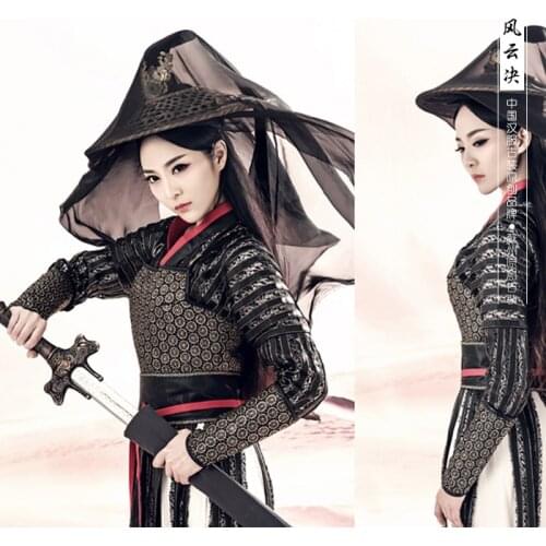 Feng Yun Jue 2016 Spring Costume Exhibition Swordlady Hanfu Costume for Women Chivalrous Women Costume Black Armour with Hat
