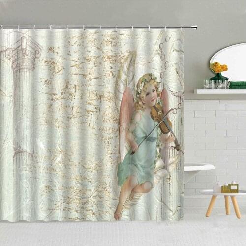 Angel Little Girl Playing Violin Shower Curtains Cute Angel Fabric Bathroom Supplies Decor With Hooks Cloth Curtain 3D Printing