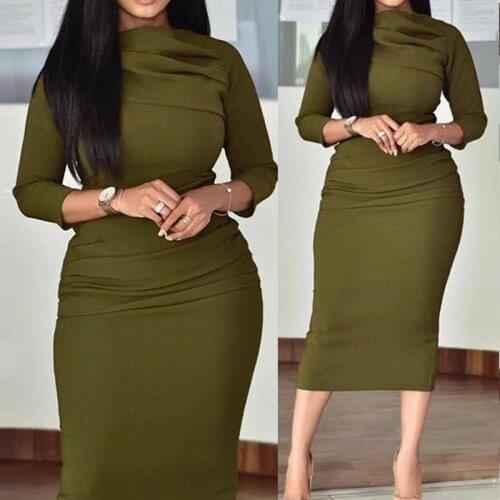 Women Army Green Dresses Elegant Bodycon Three Quarter Sleeve Pleat O Neck Office Ladies Fashion Robes Female Vestidos Work Wear