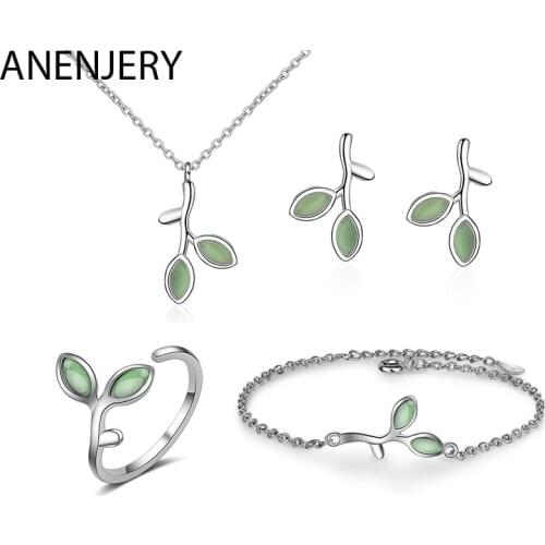 ANENJERY 925 Sterling Silver Jewelry Sets Opal Leaf Bud Necklace+Earrings+Ring+Bracelet For Women Summer Jewelry Gift