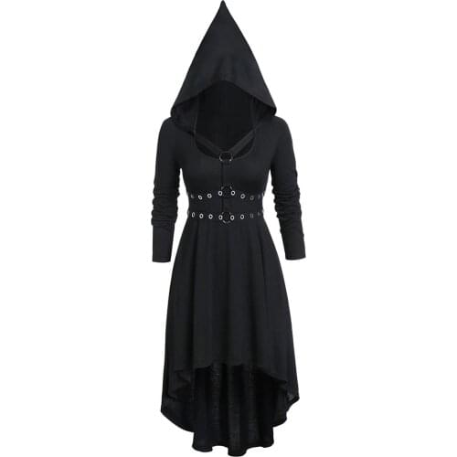 Womens Solid Gothic Hooded Dresses Lace Up Gothic Bandage Long Sleeve Long Dress Black Slim Vintage Elastic Waist Female Dress