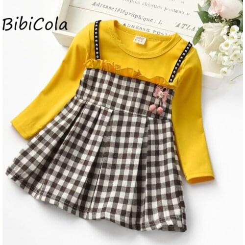 2021 girls new round neck orange spring and autumn dress girls baby children long-sleeved plaid fake two-piece dress