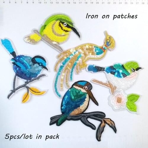 5pc/lot Fashion birds sequins embroidery Patches for clothes DIY colorful iron on cute parches applique for clothes