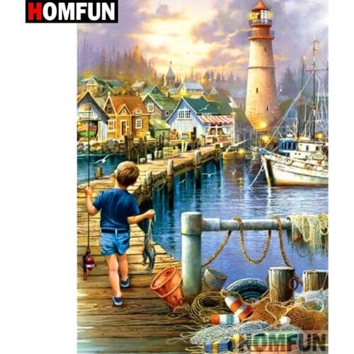 HOMFUN Full Square/Round Drill 5D DIY Diamond Painting "Boy lighthouse" 3D Diamond Embroidery Cross Stitch Home Decor A19172