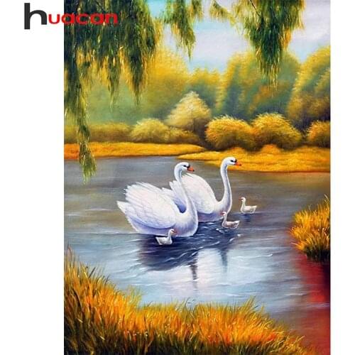 Huacan Full Square/round Diamond Painting Swan Mosaic Embroidery Animal River Scenery Home Decor Wall Stickers