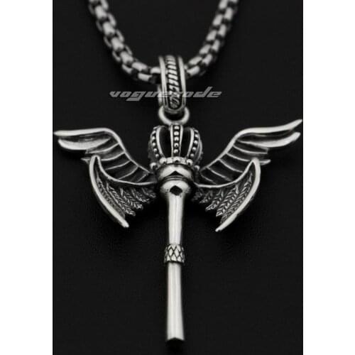 Angel Wing Scepter Crown 925 Sterling Silver Mens Biker Pendant 8X022(Necklace 26inch)