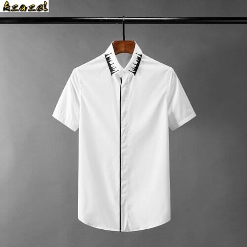 Azazel Summer Mens Shirts High Quality Embroidered Collar Short Sleeve Mens Dress Shirts Fashion Slim Fit White Male Shirts