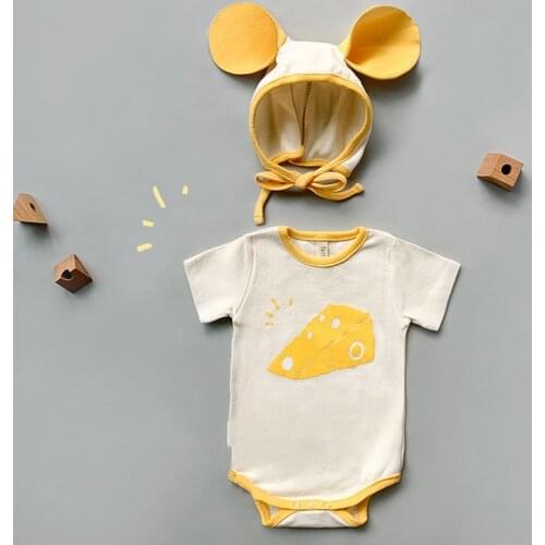 Cute Summer Baby Clothes Girl Cotton 2 Pcs Sets Cartoon Animal Mouse Short Sleeve Baby Bodysuit+3D Hat Baby Boy Clothes 0-18M