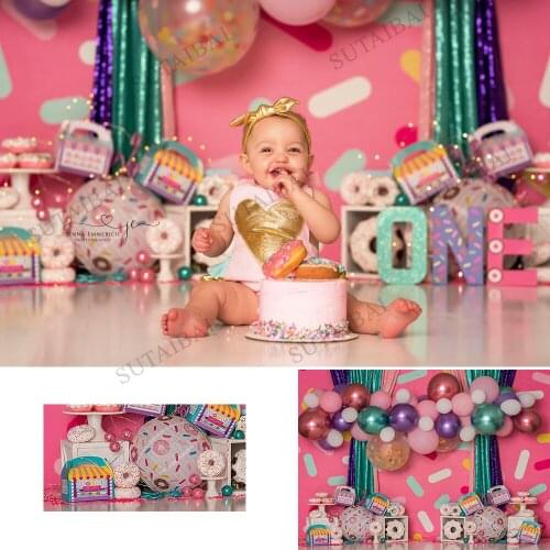 Girl Baby 1st Birthday Donuts Theme Cake Smash Photography Backdrop Colorful Curtain Pink Balloon Decor Backgrounds For Studio