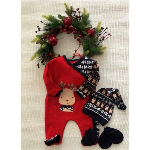Baby Set Spring Cute Christmas Noel Bodysuit Long sleeve Hat Glove 3 Pieces Baby Girl Boy 3-6 Months Newborn Hot Sale