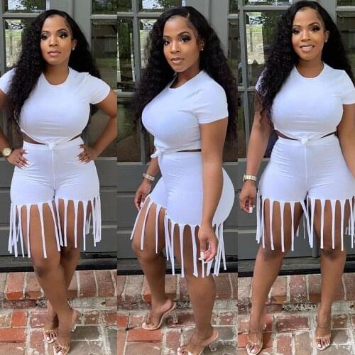 Sexy Tassel Two Piece Set Summer Clothes for Women 2 Piece Sets Womens Outfits T Shirt Crop Top and Biker Shorts Matching Sets