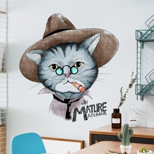 Creative Cartoon Cat Wall Stickers Self Adhesive Poster Boy Bedroom Teen Room Decor Aesthetic Cool Cat Decals