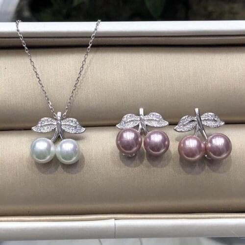 Cute Cherry 925 Sterling Silver Pendant and Earrings Set Mountings Findings Jewelry Set Parts Fittings for Pearls Beads