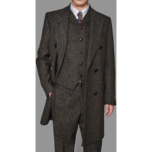 Mens Check 3 Piece Suit Herringbone Vintage Peaky Blinders 1920s Trim Work Occasional Wedding Party Prom Wedding Tuxedos
