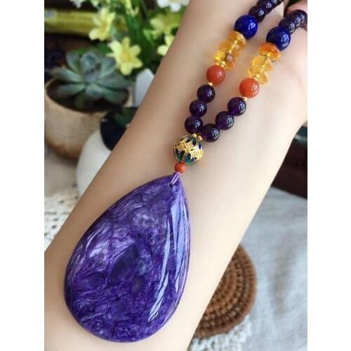 Natural Purple Charoite Water Drop Pendant 55×37×10mm Crystal Stone Round Beads Men Woman Love Gift Necklace Pendant Jewelry