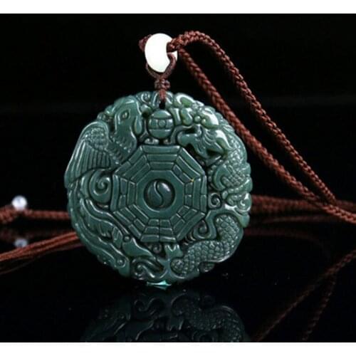 Natural Real Stone Pendant Carved Chinese Dragon Phoenix and BaGua Pendant Necklace Mens Jewelry Free Rope