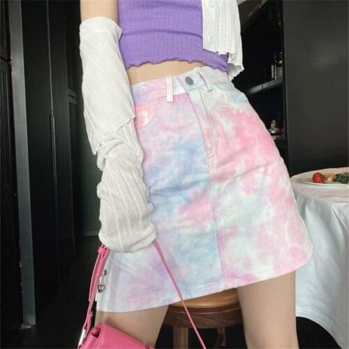 Autumn Cowboy Short Skirt New Tall Waist Female Ins Package Buttocks Of Tie-Dye A-Line Irregular Print Colorful Women Mini Skirt
