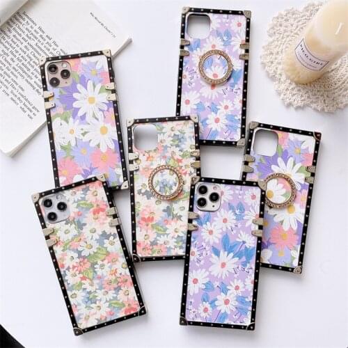 Luxury 3D Bracket Ring Leather Square Silicone case For iPhone 12 11 Pro X XR XS MAX 7 8 Plus cover For samsung S20 Note 20 10